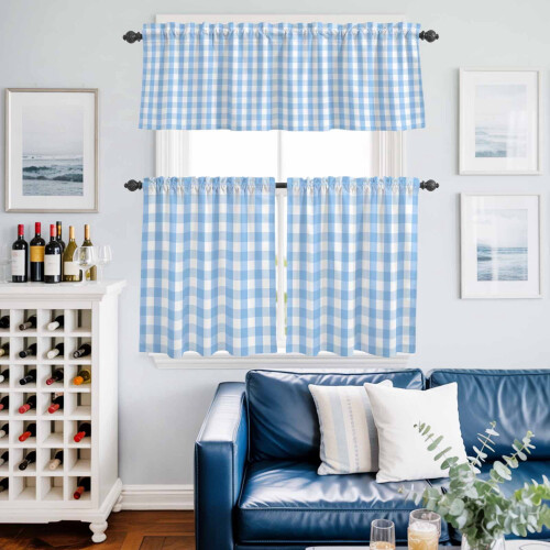 Easter Kitchen Curtains Set Blue White Buffalo Plaid 3-Piece 1