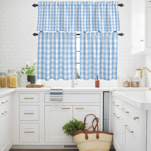 Easter Kitchen Curtains Set Blue White Buffalo Plaid 3-Piece 2