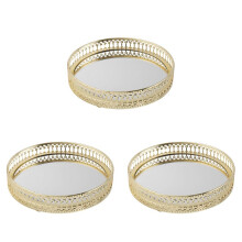 3X Plateau de Rangement de Bijoux en Fer Doré Miroir en Verre Gestionnaire de Maquillage Bureau Cosmétique Dessert Plateau D'Affichage Décoratif