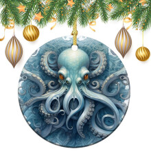Blue Octopus Christmas Ornament Nautical Porcelain 3 Inch