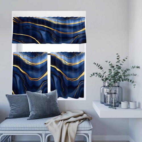 Navy Blue Marble Gold Foil Kitchen Curtains and Valance Set 1