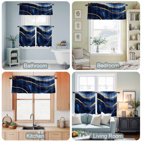 Navy Blue Marble Gold Foil Kitchen Curtains and Valance Set 2