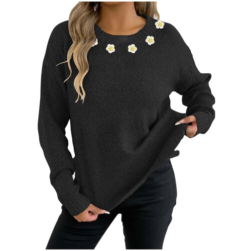 Women's Solid Floral Sweater Round Neck Long Sleeve Knit Top 1