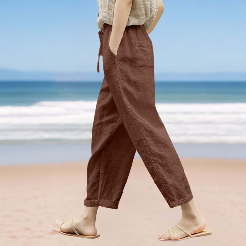 Women's Cotton Linen Pants Solid Color Lightweight Elastic