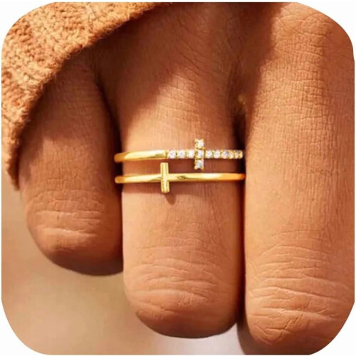 Double Cross Ring 18K Gold Plated CZ Stackable Faith Hope