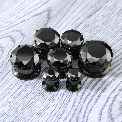 Black Crystal Ear Plug Tunnels Stainless Steel 1 Pair 2