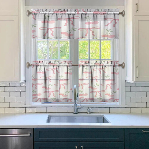 Pink Bow Kitchen Curtains Set with Valance 3-Piece Rod 2