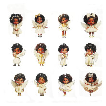 Wooden Black Angel Ornament Smiling Curly Hair 1 Piece