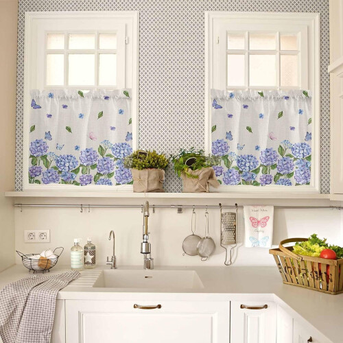 Purple Blue Floral Kitchen Curtains Set with Valance 24 1