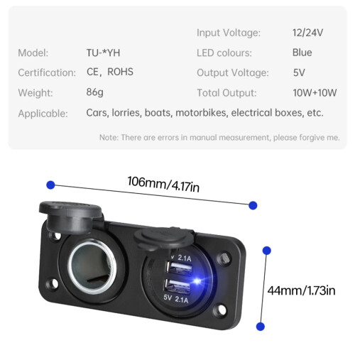 Car USB Charger Socket 12V-24V 240W Dual Switch Panel with 2