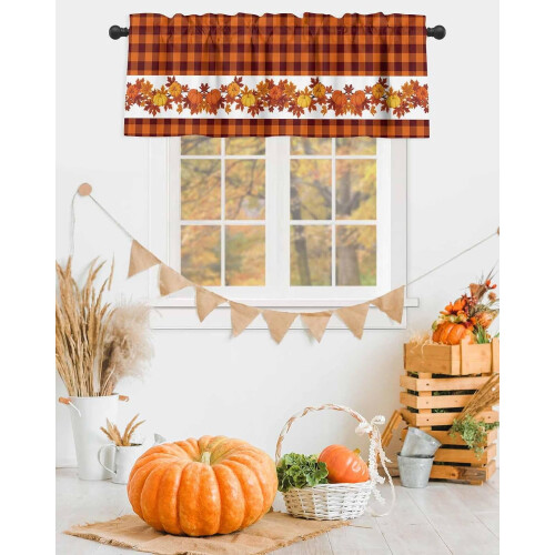 Fall Valance Maple Pumpkin Buffalo Check Brown Orange 54x18 2