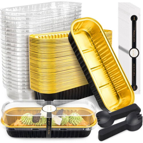 Mini Cake Pans with Lids and Spoons Black Gold Rectangular