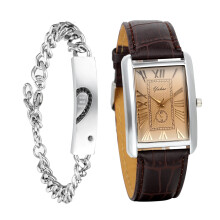Retro Square Quartz Watch and Heart Bracelet Silver Brown