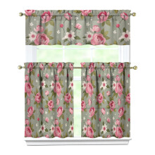 Green Pink Floral Kitchen Curtain Valance Set 3 Piece