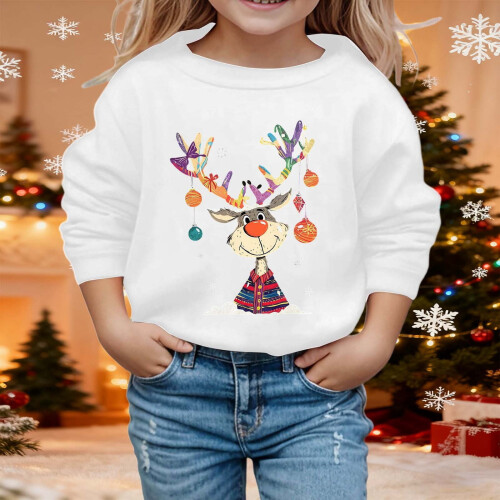 Kids Christmas Pullover Reindeer Print Round Neck Long 1