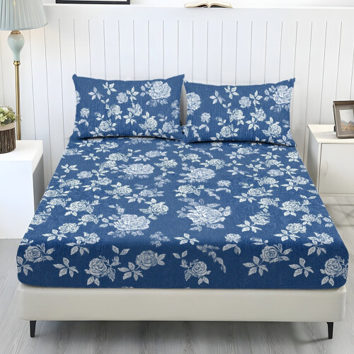 King Size Fitted Sheet Set 1+2 Blue Floral Stretch Bedding
