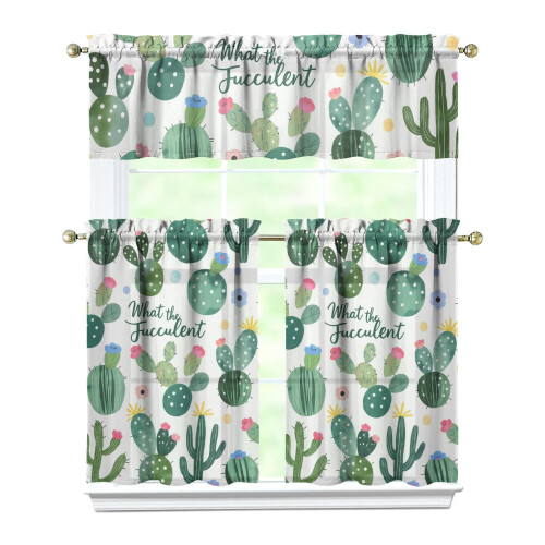 Green Cactus Kitchen Curtain Valance Set 36 inch