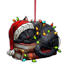 Black Cat Christmas Ornament Wooden Santa Hat Scarf 1 Piece