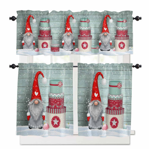 Christmas Dwarf Kitchen Curtains Set Green Rod Pocket