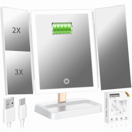 LED Travel Makeup Mirror Rechargeable Trifold 78 LEDs
