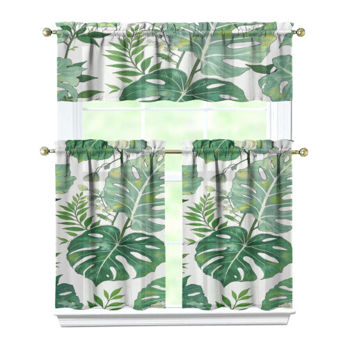 Green Tropical Leaf Kitchen Curtain Valance Set 36 inch