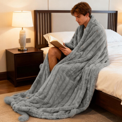 Fuzzy Ribbed Throw Blanket Grey 78.7 x 47.2 Inches