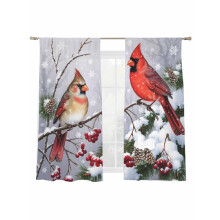 Christmas Bird Sheer Curtains Red Cardinal Snowy Tree 52x72