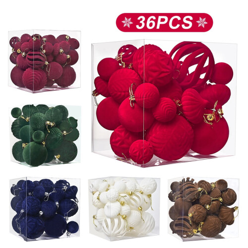 Velvet Flocked Christmas Ornaments White 36Pcs