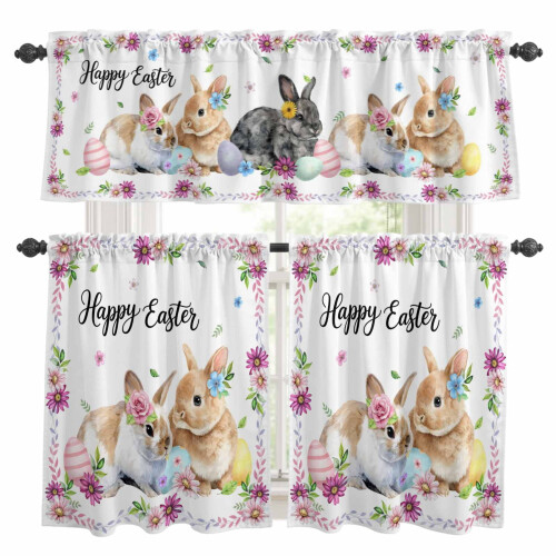 Easter Kitchen Curtains Set Pink Daisy Blue Flower Yellow
