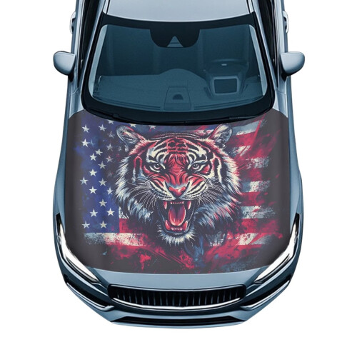 Stretch Polyester Hood Cover Tiger American Flag Design 1