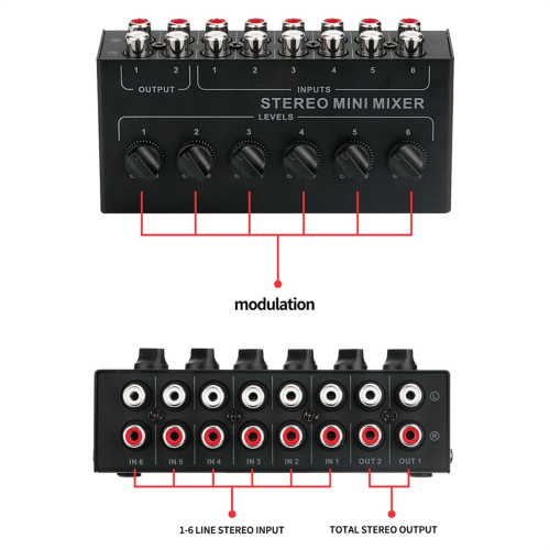 6-Channel Passive Stereo Audio Mixer Portable Low-Noise 1