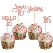 Sweet 16 Cupcake Toppers Rose Gold 12 Pcs