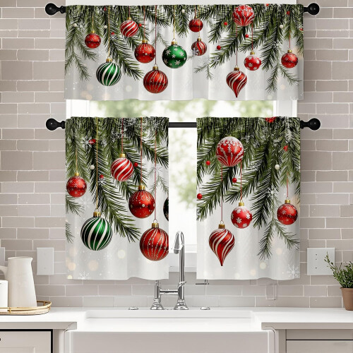Christmas Kitchen Curtains White Branches Balls Theme 2
