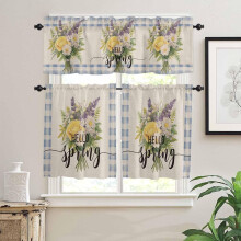 Ensemble de rideaux et cantonnières de cuisine à motif floral printanier, carreaux bleus