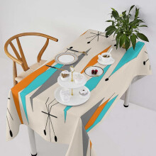 Nappe bohème années 1950, motif géométrique atomique orange et bleu