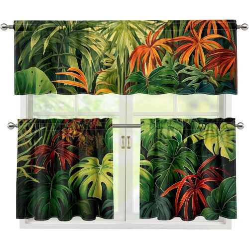 Σετ κουρτινών κουζίνας Tropical Palm με τσέπη για ράβδους, πλενόμενες