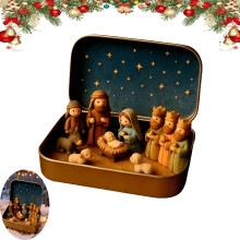 Mini-Weihnachtskrippe aus Kunstharz: Heilige Familie, Schafe, Jesus