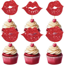 Ensemble de 10 décorations pour cupcakes « Lèvres pulpeuses » à paillettes rouges