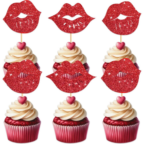 Cupcake-Topper-Set „Große Lippen“, roter Glitzer, 10 Stück