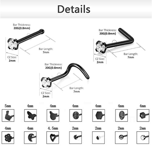 Nose Stud Set Black Plated 20G 15 Pieces 1