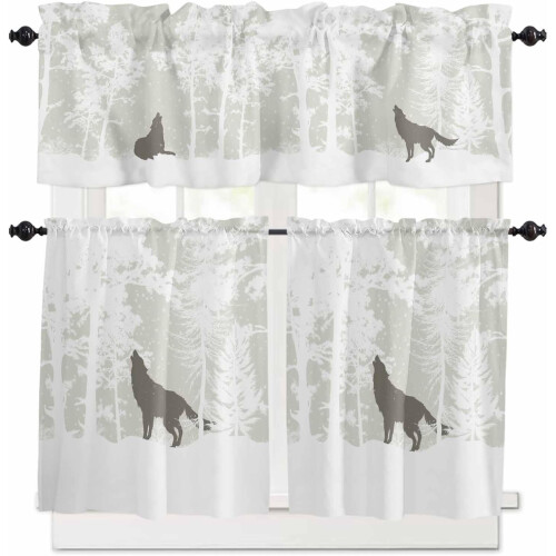 Ensemble de rideaux de cuisine Forest Wolf, pin blanc et gris Wolf24