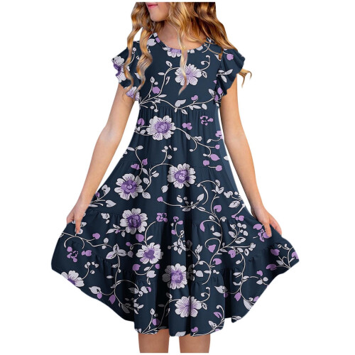 Mädchenkleid mit Blumenmuster, Volantärmeln und Taille