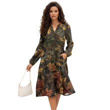Gerüschtes, gestuftes Midikleid für Damen mit Taschen, Camouflage-Blätter