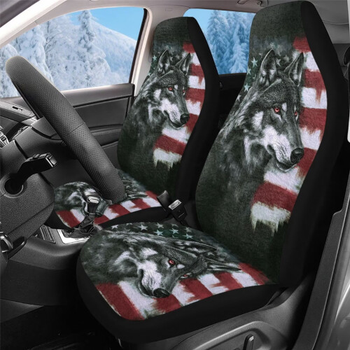 Bilsätesöverdrag fram Mjukt plysch Wolf Flag Universal Fit1