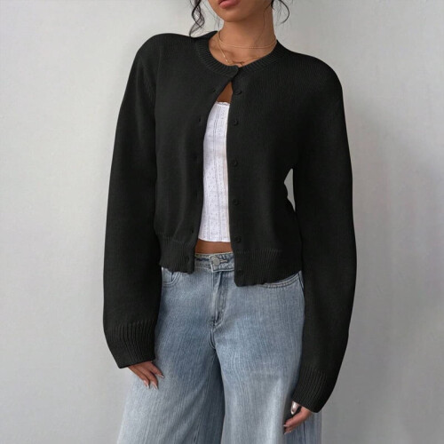 Women's Black Knit Cardigan Long Sleeve Button Front Short