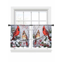 Rideaux transparents à motif d'oiseaux de Noël, cardinal rouge et sapin enneigé, 52 x 45