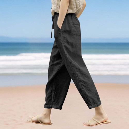 Women's Cotton Linen Pants Solid Color Lightweight Elastic