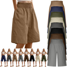 Women's Cotton Linen Wide Leg Shorts with Elastic Waist and