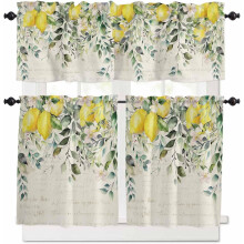 Ensemble de rideaux de cuisine Ă motif floral citron, passe-tringle, vert sauge, 36
