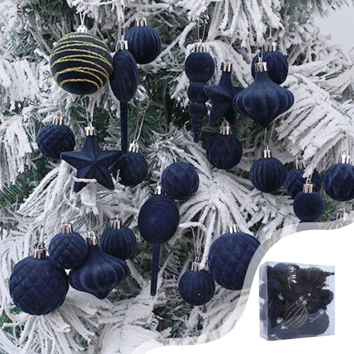 Flocked Blue Christmas Ornaments 24 Pack